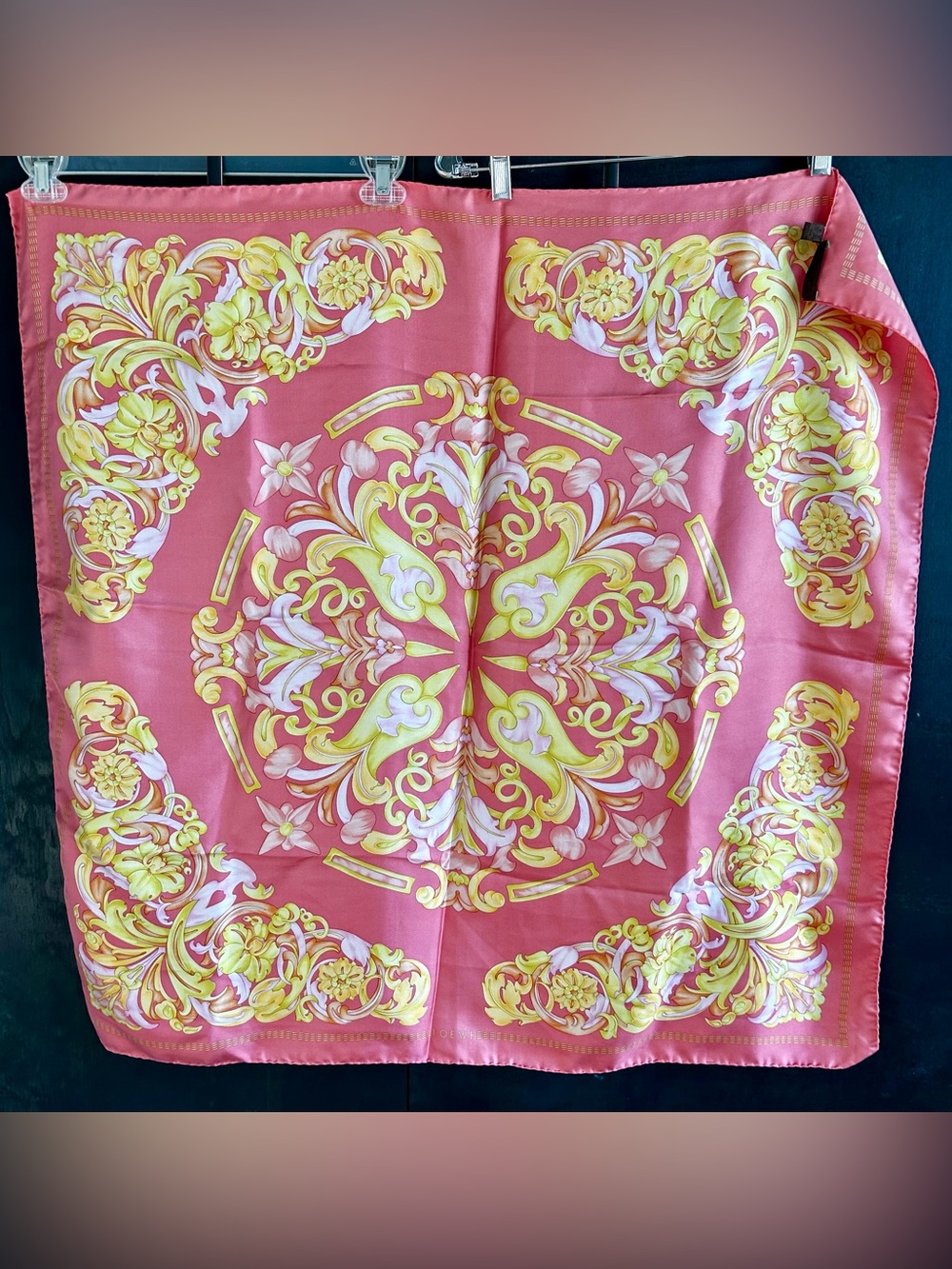 Vintage Loewe Coral Pink and Lemon Yellow Baroque Motif Square silk scarf luxe